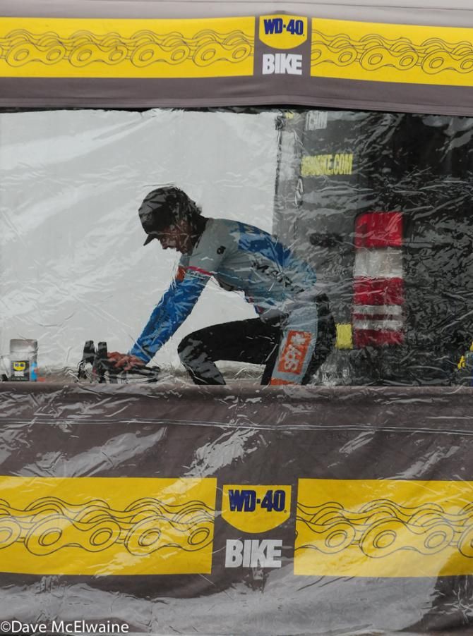Nicole Duke (Marin bikes/Spy Optics) warming up in the WD-40 tent