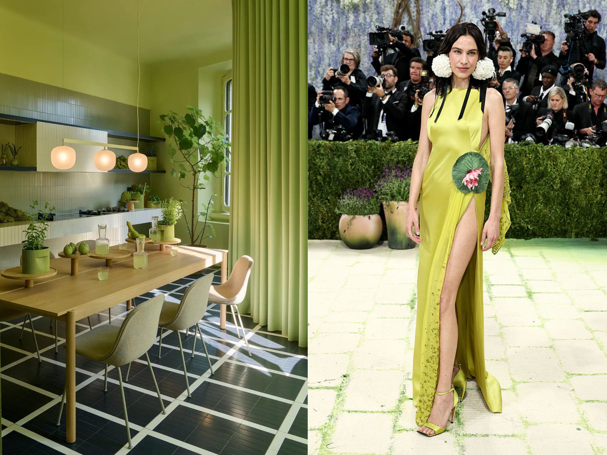 There is a table wooden table in a green tiled kitchen, the floor is chequered black and white and on the table there are Apples, a carafe and plants. Alexa Chung wears a green dress with a Lily.