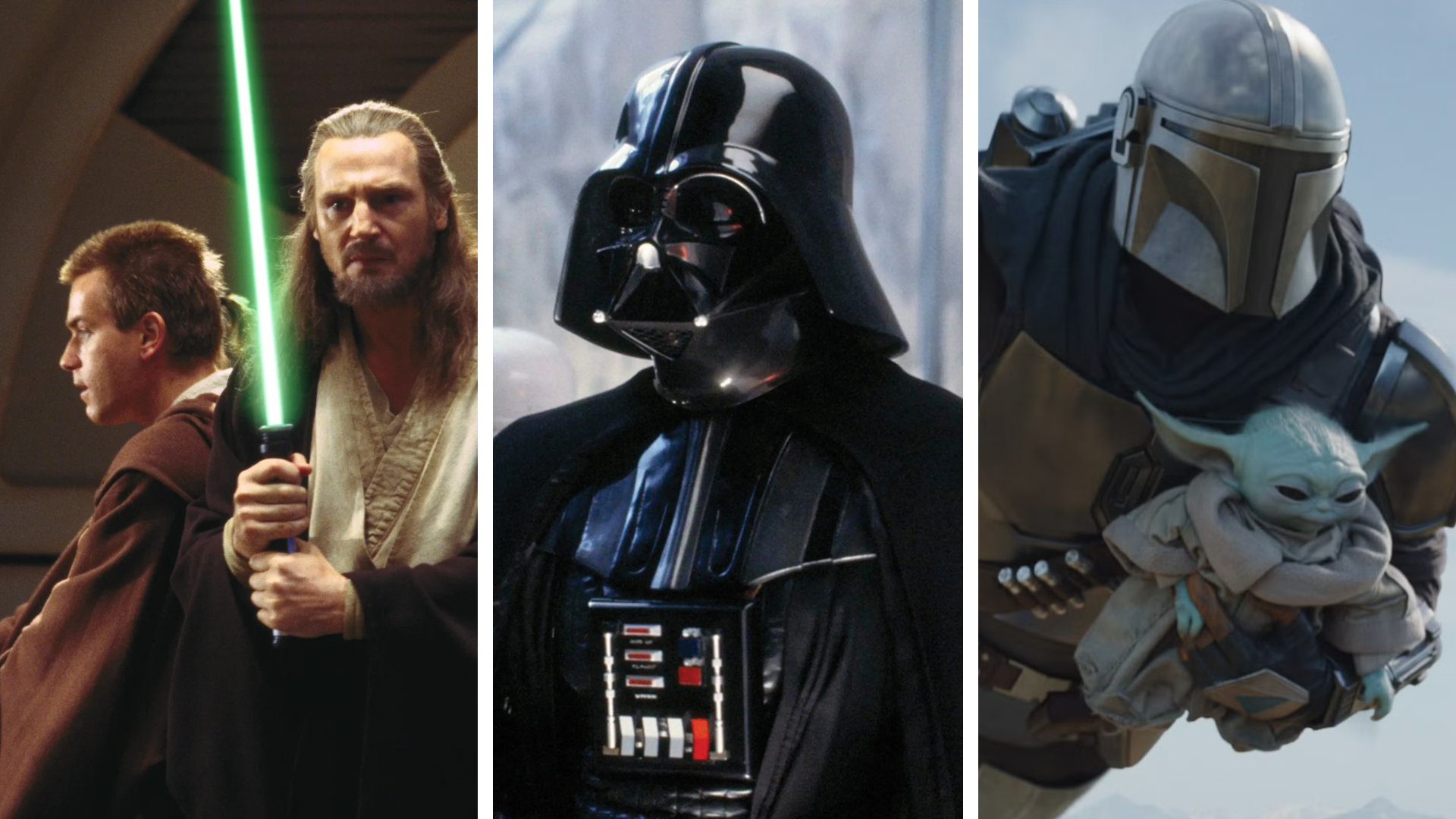 Split image showing scenes from three Star Wars movies: Phantom Menace, Empire Strikes Back, and The Mandalorian &amp; Grogu.