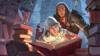 adventurers leaning over a spellbook Dungeons and Dragons