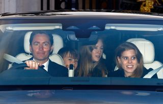 Princess Beatrice riding in a car with Edo Mapelli Mozzi and his son Wolfie in December 2024