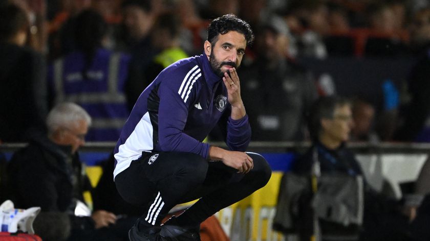 Ruben Amorim, Manager of Manchester United, looks dejected after his team concede during the Carabao Cup Second Round match between Grimsby Town and Manchester United at Blundell Park on August 27, 2025 in Grimsby, England. 