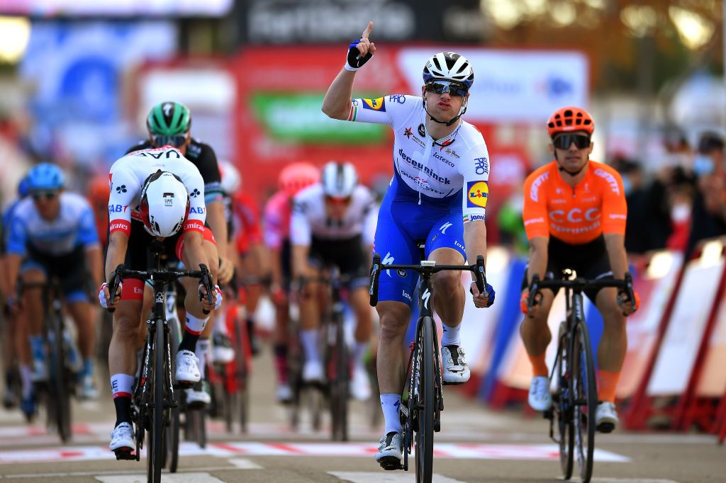 EJEADELOSCABALLEROS SPAIN OCTOBER 23 Arrival Sam Bennett of Ireland and Team Deceuninck QuickStep Celebration Jasper Philipsen of Belgium and UAE Team Emirates Jakub Mareczko of Italy and CCC Team during the 75th Tour of Spain 2020 Stage 4 a 1917km stage from Garray Numancia to Ejea de los Caballeros lavuelta LaVuelta20 La Vuelta on October 23 2020 in Ejea de los Caballeros Spain Photo by Justin SetterfieldGetty Images