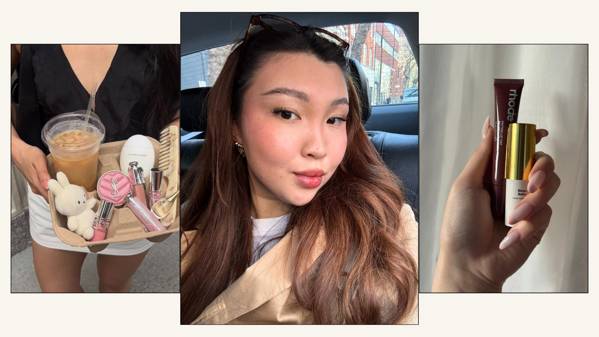 A collage of images, including a photo showcasing lip products and a drink carried on a tray (courtesy of @leatngu) and two photos taken by @deniseprimbet
