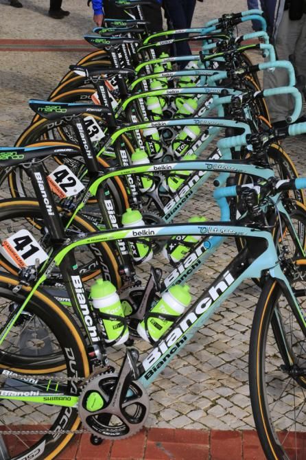 Belkin's Bianchis lined up and waiting for riders prior to stage 2 at Volta ao Algarve