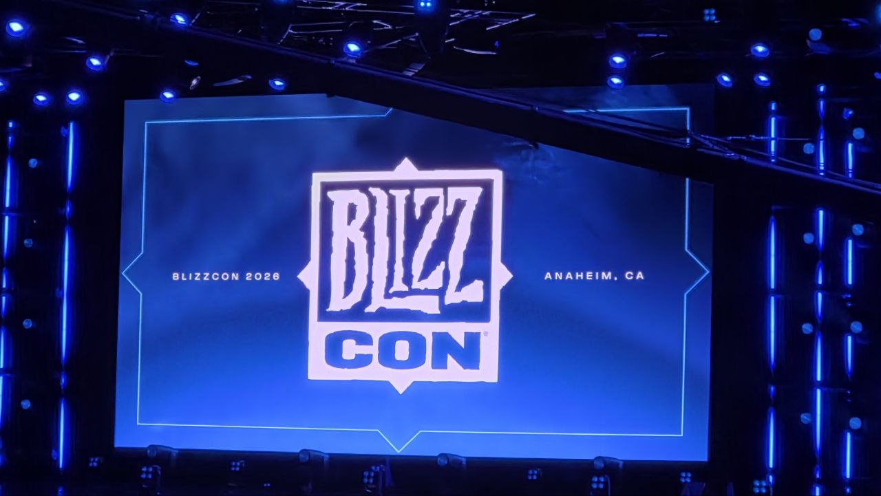 BlizzCon 2026 logo displayed on a stage screen at the Anaheim Convention Center in California