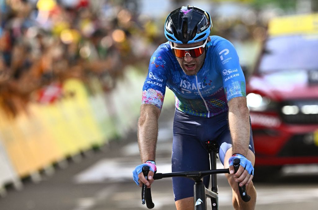 IsraelPremier Tech teams Canadian rider Hugo Houle cycles to the finish line of the 13th stage of the 109th edition of the Tour de France cycling race 1926 km between Le Bourg dOisans in the French Alps and SaintEtienne in central France on July 15 2022 Photo by AnneChristine POUJOULAT AFP Photo by ANNECHRISTINE POUJOULATAFP via Getty Images
