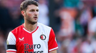 Santiago Gimenez of Feyenoord Rotterdam looks on during the Dutch Eredivisie match between Feyenoord and Go Ahead Eagles at Feyenoord Stadium on September 30, 2023 in Rotterdam, Netherlands.