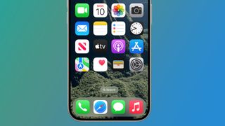 An iPhone on a blue-green background showing iOS 18