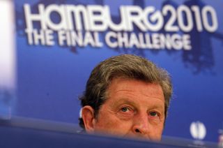 Roy Hodgson at a press conference before the 2010 Europa League final in Hamburg