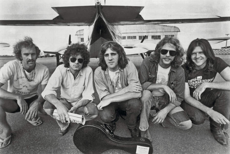 Bernie Leadon, Don Henley, Glenn Frey, Don Felder and Randy Meisner of the rock and roll band "Eagles" pose for a portrait in circa 1976