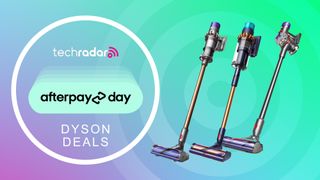 Dyson stick vacuums on pink and light blue gradient background with Afterpay logo and &quot;Dyson deals&quot; text