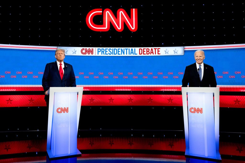 US President Joe Biden, right, and former US President Donald Trump during the first presidential debate in Atlanta, Georgia, US, on Thursday, June 27, 2024.