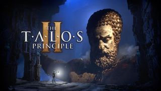 The Talos Principle 2 logo with screenshot behind of explorer in cavern viewing a giant statue