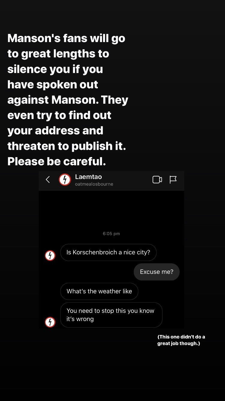 A screengrab of harassment sent to the Mansonisabusive Instagram page