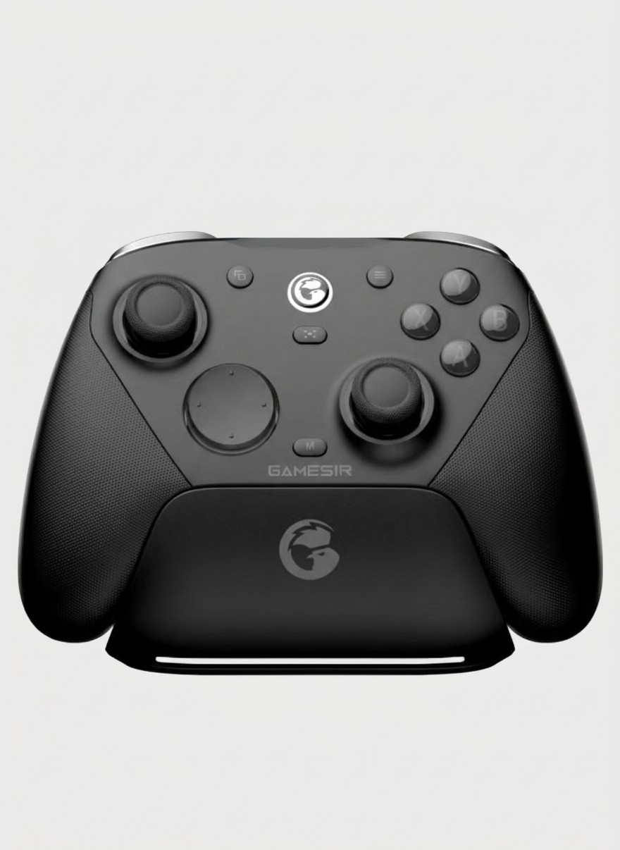 A GameSir G7 Pro 8K wireless gaming controller on its charging stand