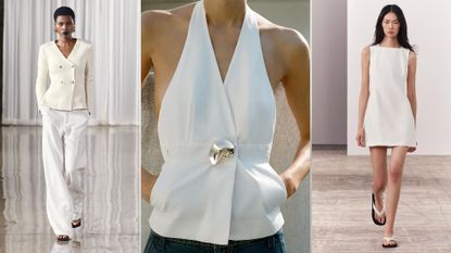 white knit Zara blazer on model 