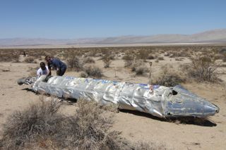 The Garvey Spacecraft Corp.'s Prospector-18D rocket after crashing during a test flight on June 15, 2013.