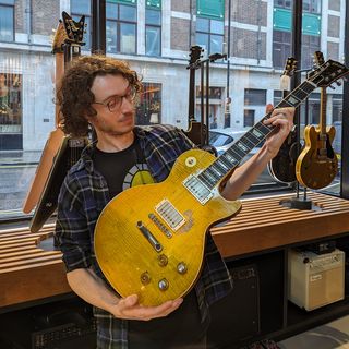 Mike holds the the $20k Custom Shop Greeny Les Paul at Gibson Garage London