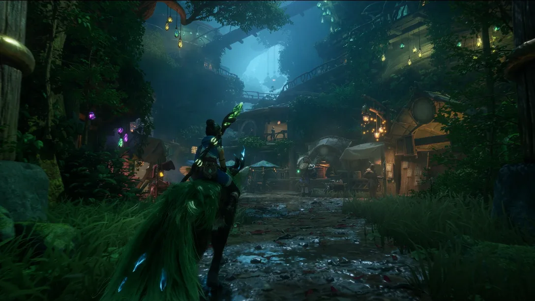 A screenshot from Kena: Scars of Kosmora showing the protagonist riding a mount