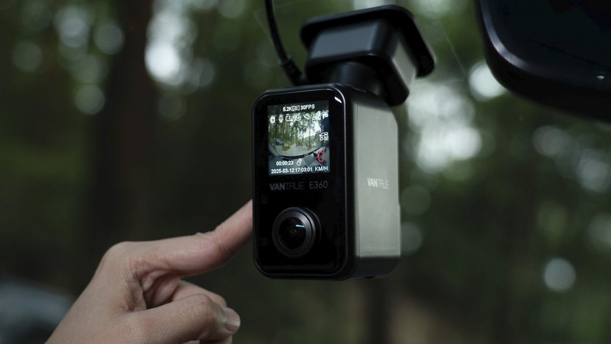 Vantrue E360 dash cam on a car windscreen