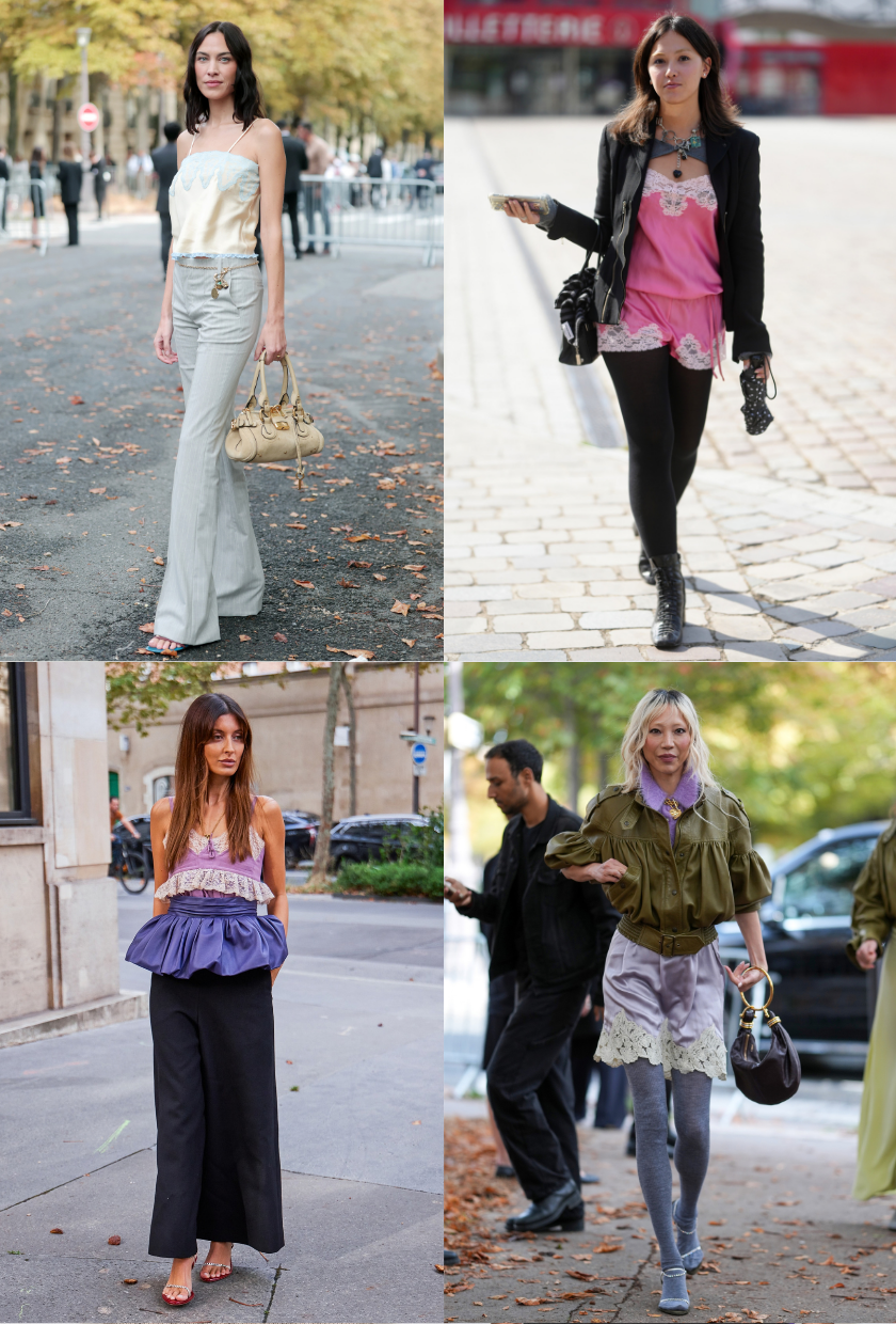 An image of the lace trim street style trend at Paris Fashion Week September 2026.