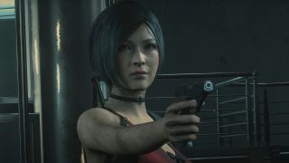 Ada Wong stands holding a gun in an Umbrella lab in Resident Evil 2.