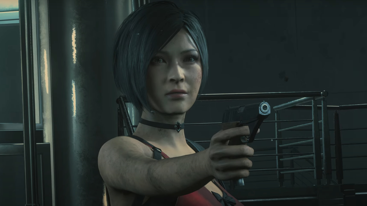 Ada Wong holds a gun in an Umbrella lab in Resident Evil 2.
