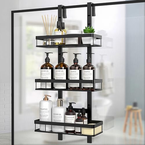 Diwoker Shower Caddy Hanging - Over Door Shower Shelf, Adjustable Height Bathroom Storage No Drilling Hanging Shower Organiser (black, 3-Tier)