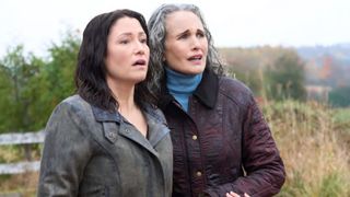 Chyler Leigh and Andie MacDowell looked shocked at something offscreen