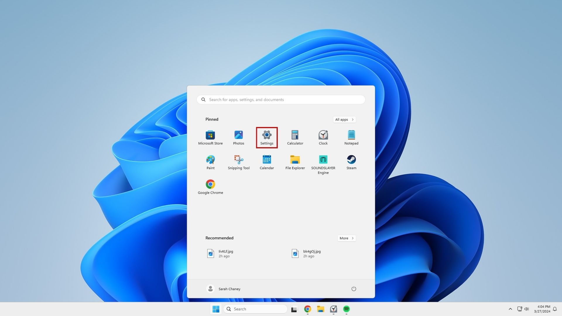 select settings from windows 11 start menu