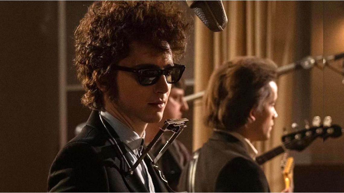 Timothée Chalamet as Bob Dylan in A Complete Unknown