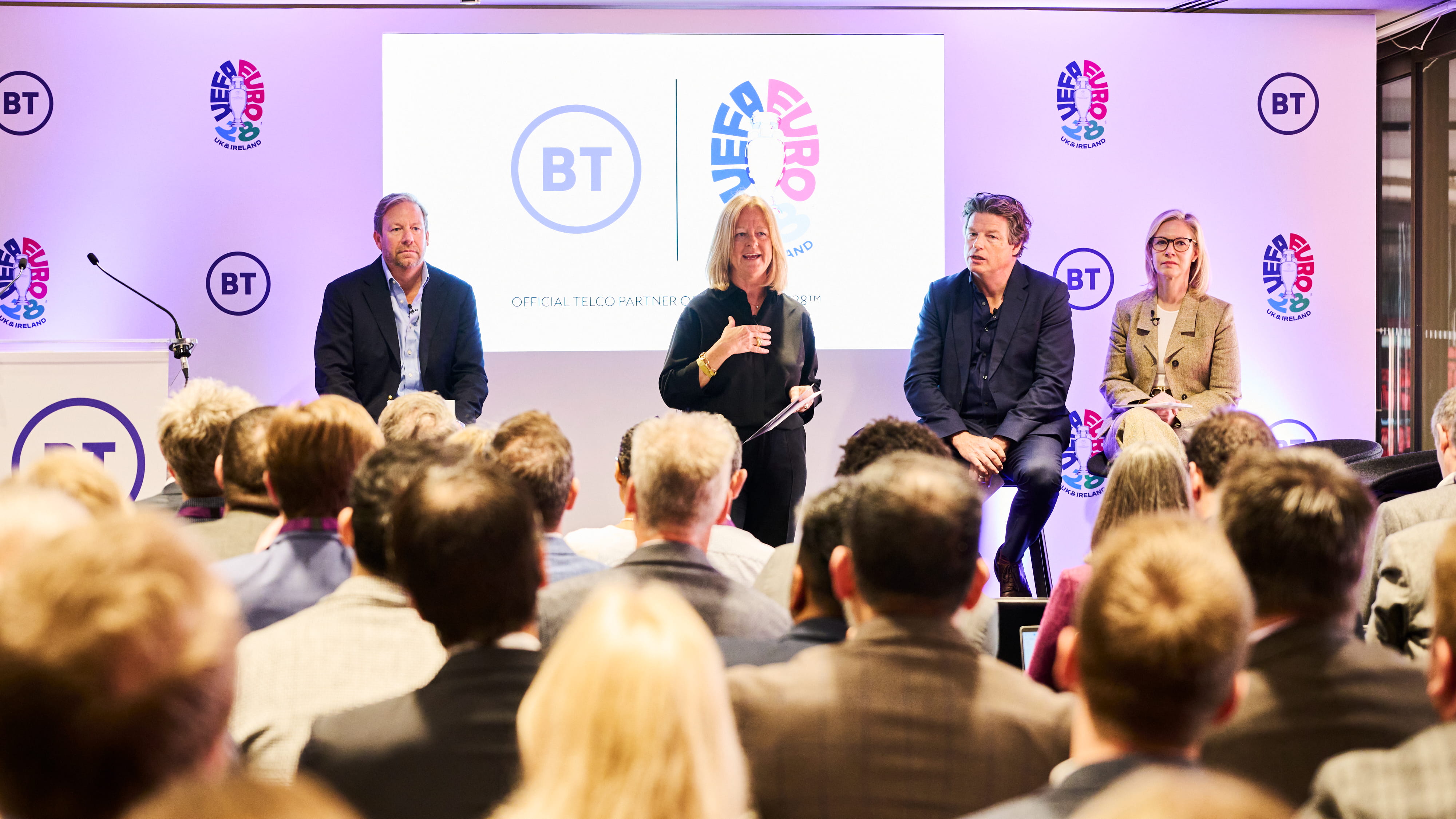 BT Group CEO Allison Kirkby addressing a room