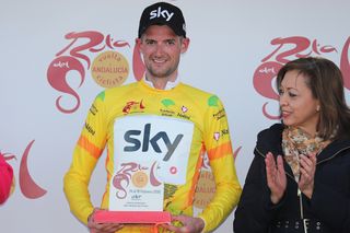 Wout Poels in yellow after winning stage 2 at Ruta del Sol