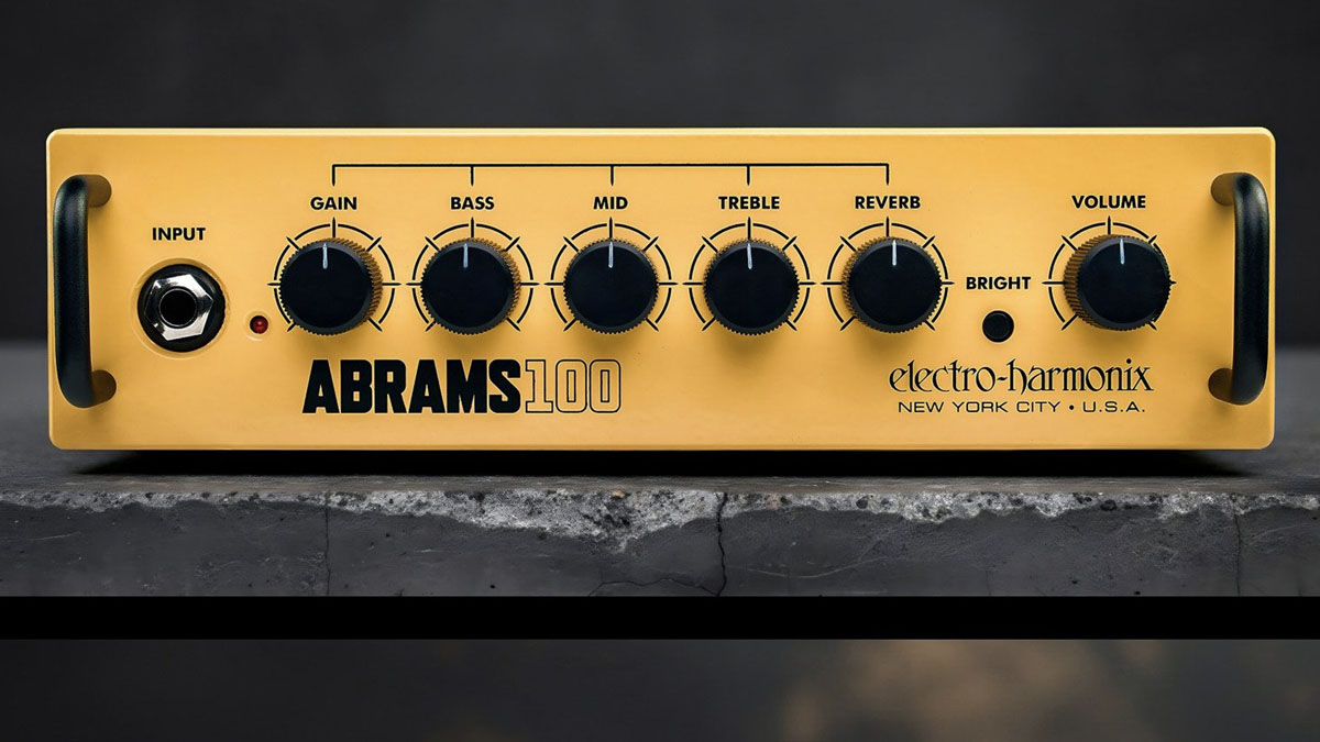 The Electro-Harmonix ABRAMS100 is a compact, guitar amp head with 100-watts, 3-band EQ, effects loop and bright switch, and it has a yellow control panel and black dials.