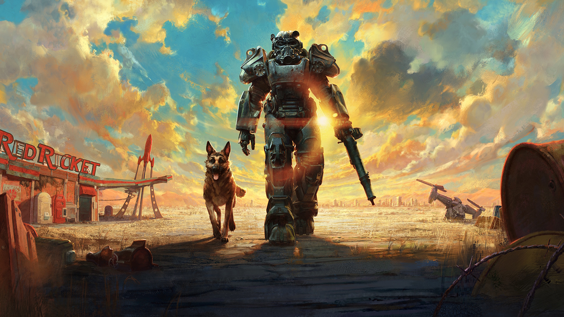Fallout 4 Anniversary Edition header art - guy in power armor walking beside a dog