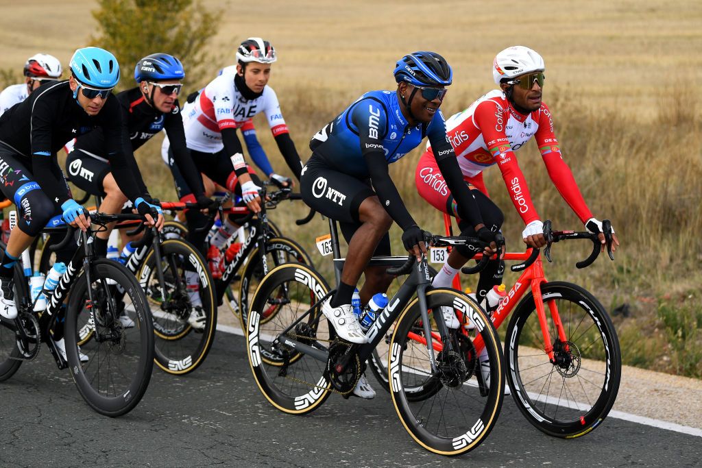 EJEADELOSCABALLEROS SPAIN OCTOBER 23 Nicholas Dlamini of South Africa and NTT Pro Cycling Team Natnael Berhane Teweldemedhin of Eritrea and Team Cofidis Solutions Credits Enrico Gasparotto of Switzerland and NTT Pro Cycling Team during the 75th Tour of Spain 2020 Stage 4 a 1917km stage from Garray Numancia to Ejea de los Caballeros lavuelta LaVuelta20 La Vuelta on October 23 2020 in Ejea de los Caballeros Spain Photo by David RamosGetty Images