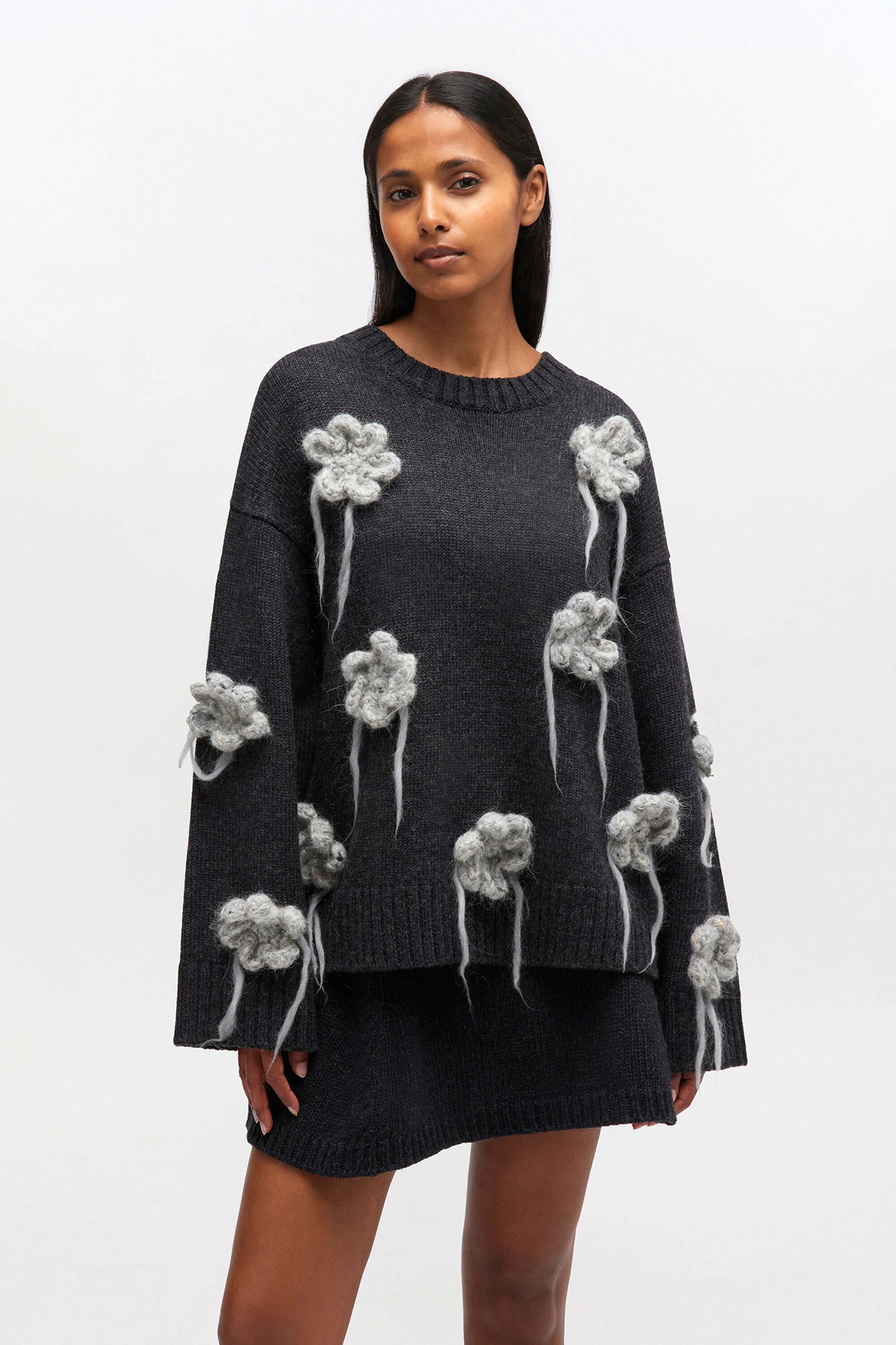 Dark Grey Flower Crochet Sweater