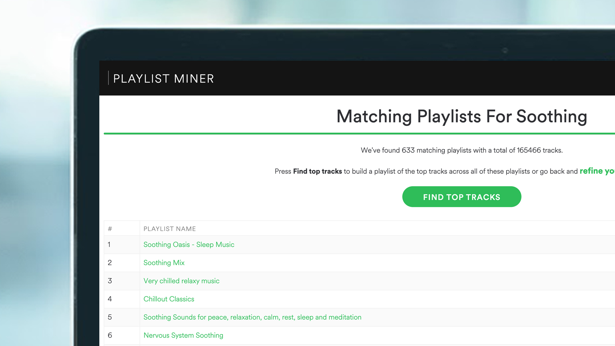 A laptop screen showing The Playlist Miner for Spotify