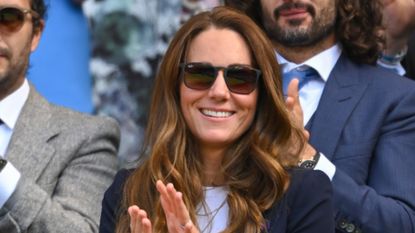 Catherine, Duchess of Cambridge attends Wimbledon Championships Tennis Tournament at All England Lawn Tennis and Croquet Club on July 02, 2021 in London, England. 