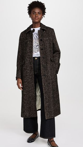 Ganni Herringbone Wool Coat