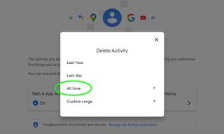 How to delete Google Search history - A pop-up window labeled 'Delete history'