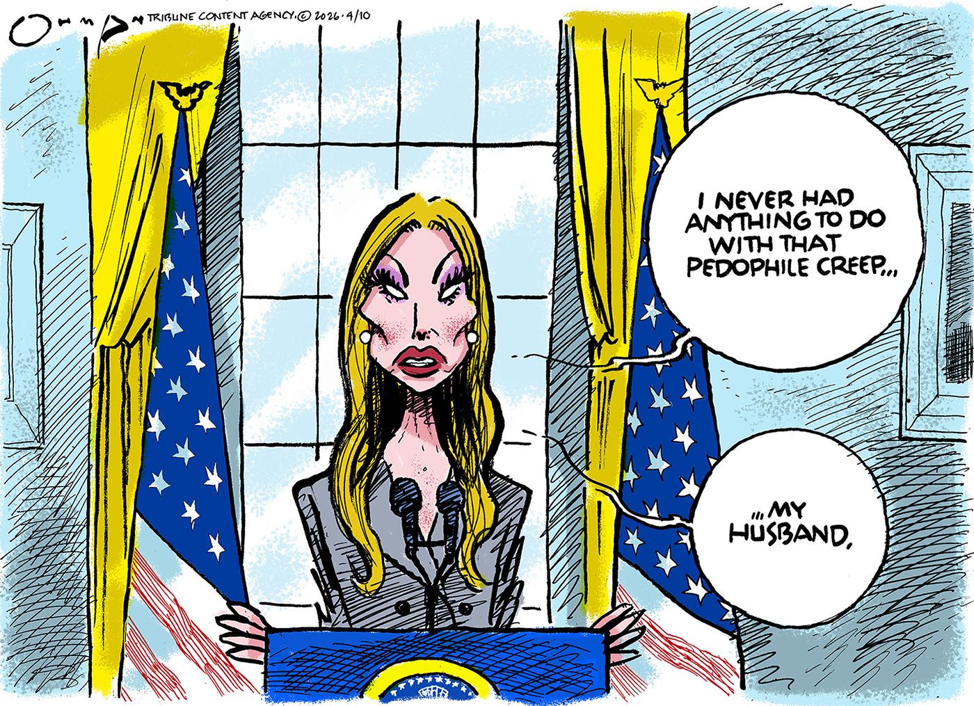 
                                Melania Trump is behind a podium giving a televised speech. She says, “I never had anything to do with that pedophile creep…my husband.”
                            