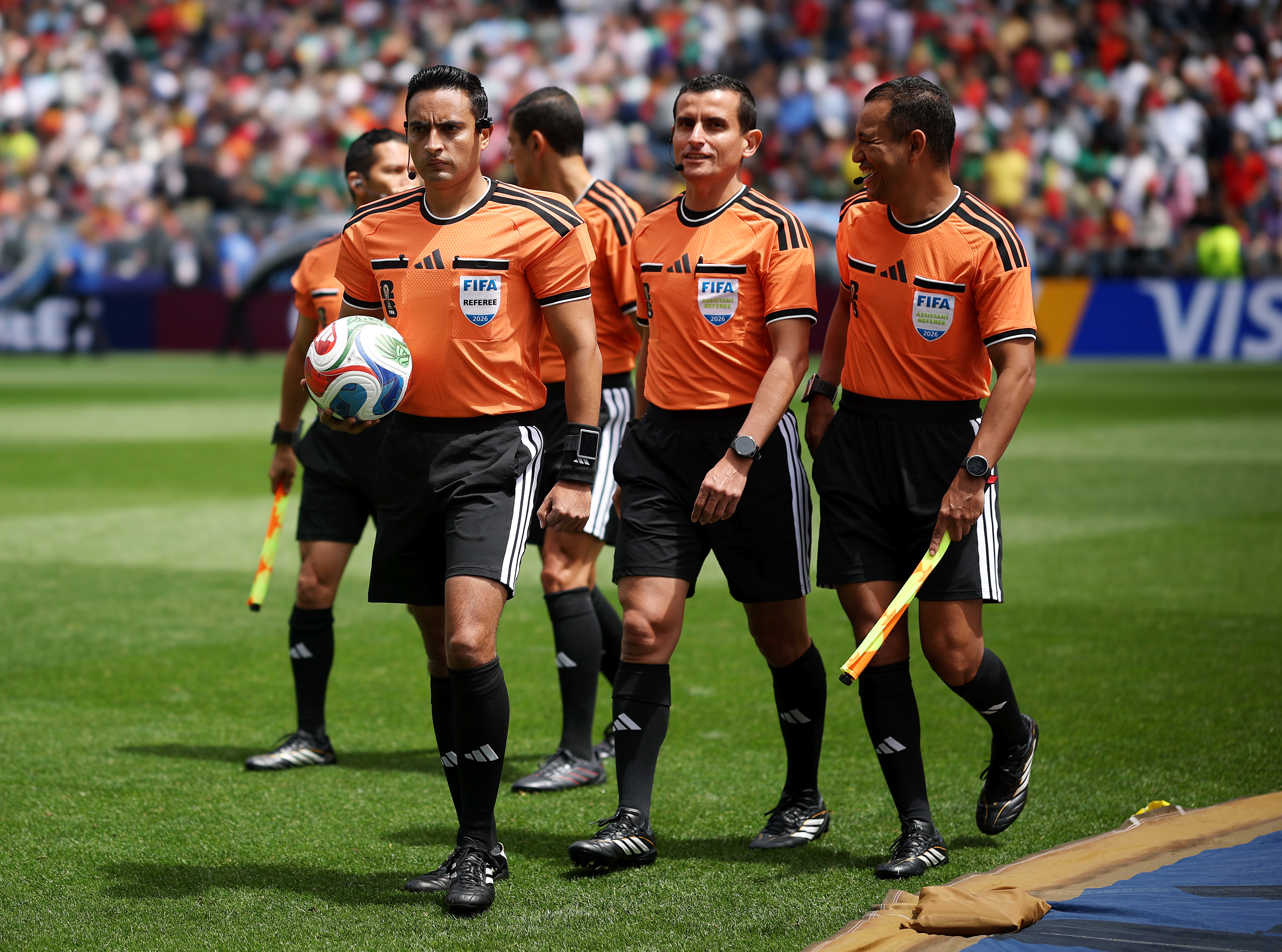 SEATTLE, WASHINGTON - JULY 01: Referee Said Martinez and match officials are seen before the FIFA World Cup 2026 Round Of 32 match between Belgium and Senegal at Seattle Stadium on July 01, 2026 in Seattle, Washington. (Photo by Jared C. Tilton - FIFA/FIFA via Getty Images)
