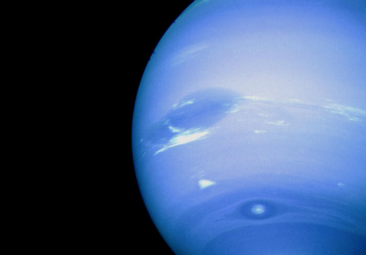 The planet Neptune shines a serene blue in this image assembled from two photos by NASA&#039;s Voyager 2 probe during its historic flyby of the planet in August 1989. Neptune reaches an orbital milestone called opposition in the night sky on Aug. 29, 2014. 