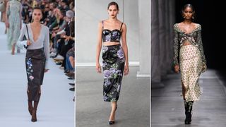 Floral slip skirts on the SS24 runways of Givenchy, Carolina Herrera, and Etro