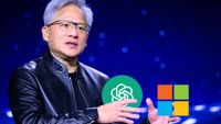 NVIDIA CEO Jensen Huang holding OpenAI and Microsoft logos, crudely photoshopped on top by Jez Corden