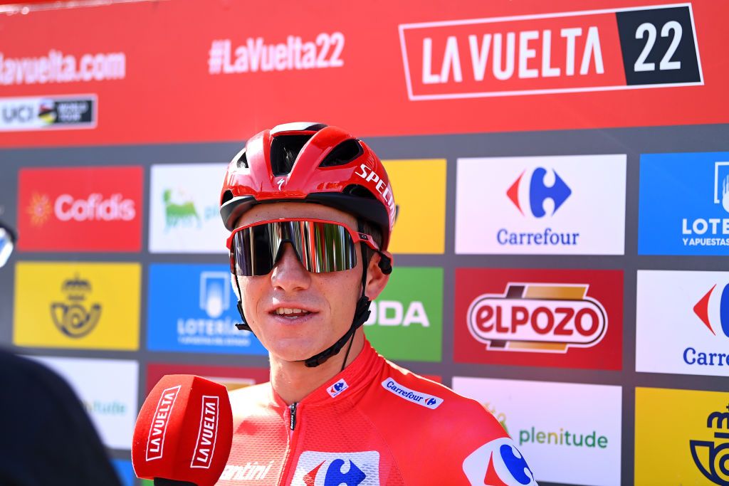 MADRID SPAIN SEPTEMBER 11 Remco Evenepoel of Belgium and Team QuickStep Alpha Vinyl Red Leader Jersey speaks to the media press prior to the 77th Tour of Spain 2022 Stage 21 a 967km stage from Las Rozas to Madrid LaVuelta22 WorldTour on September 11 2022 in Madrid Spain Photo by Tim de WaeleGetty Images