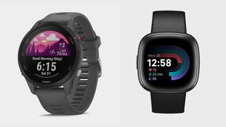 A side-by-side shot of the Garmin Forerunner 255 and Fitbit Versa 4