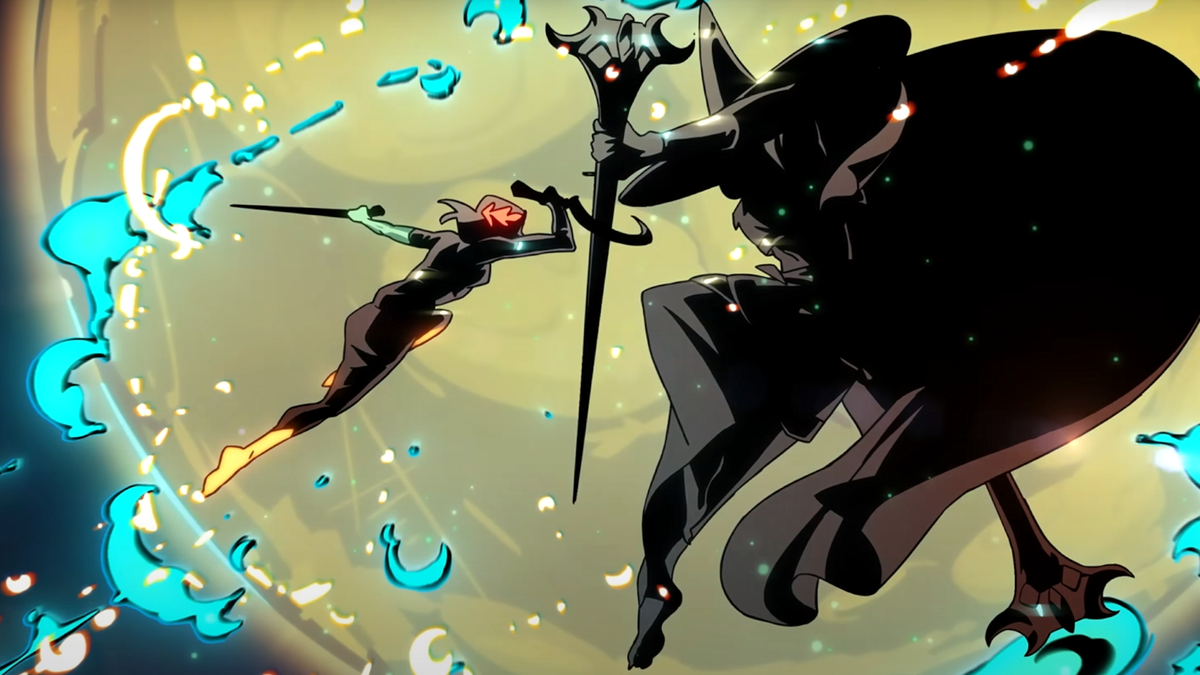 An image of the protagonist of Hades 2 doing battle with a god, lit up by the fierce light of the moon.